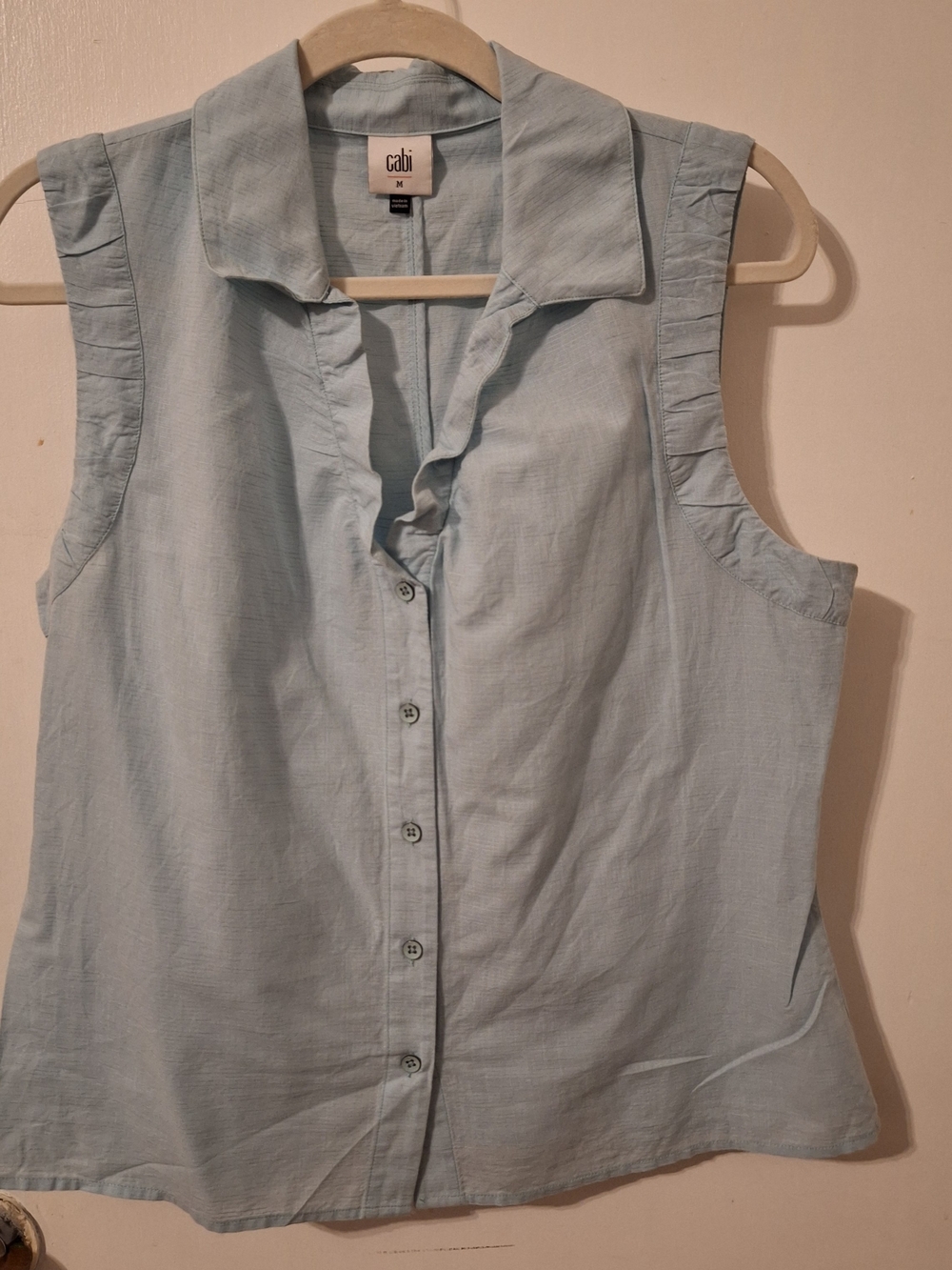 CAbi Pale Blue Sleeveless Ruffle-Trim Button Down Top
